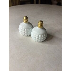 Vintage Hobnail Milk Glass Salt and Pepper Shakers Gold Tone Lids Made in Taiwan